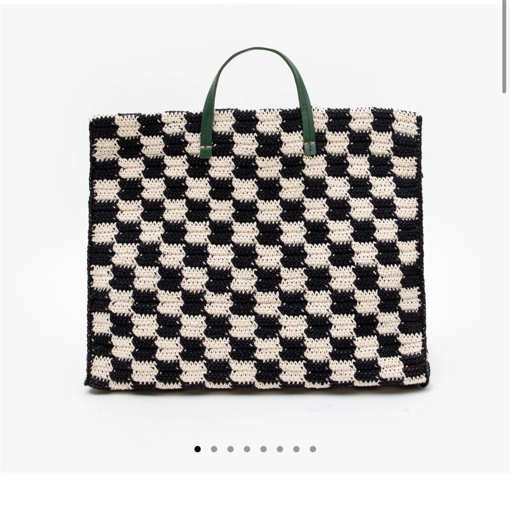Elegant Checkered Tote with Green Handles